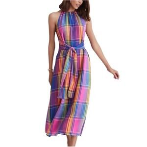 Ann Taylor Multicolor Plaid Halter Midi Dress - Pink, Blue, Yellow